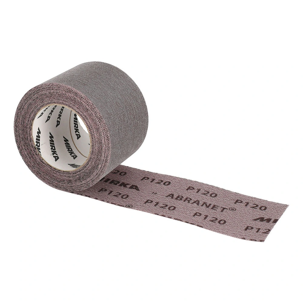 A roll of sanding mesh shown at an angle, with a strip pulled out and black