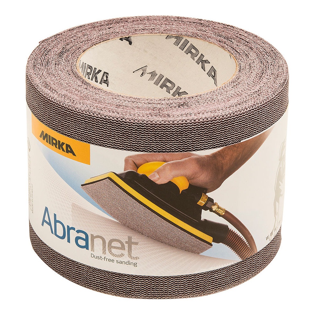 A roll of sanding mesh with a printed packaging label around it, including