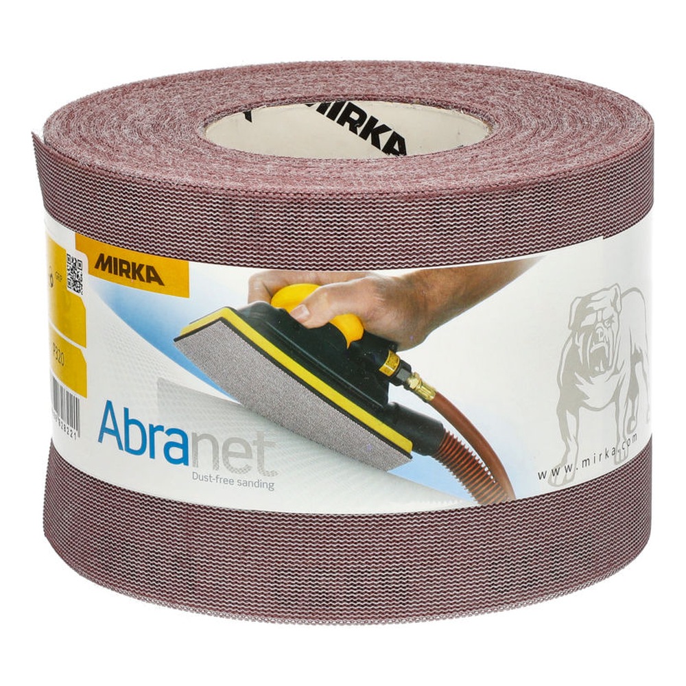 A reddish-brown mesh sanding roll with a printed packaging label wrapped