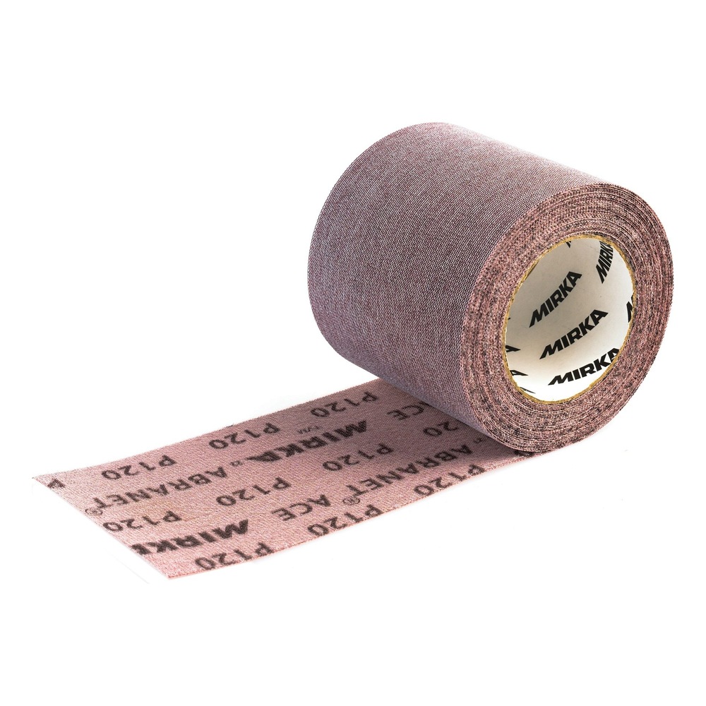 A pink-brown mesh sanding roll with one end unrolled on a white background
