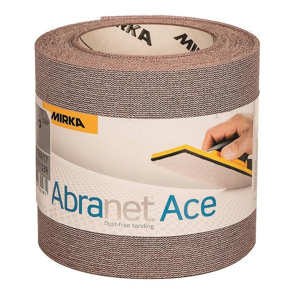 A packaged mesh sanding roll with a printed label showing the Mirka logo
