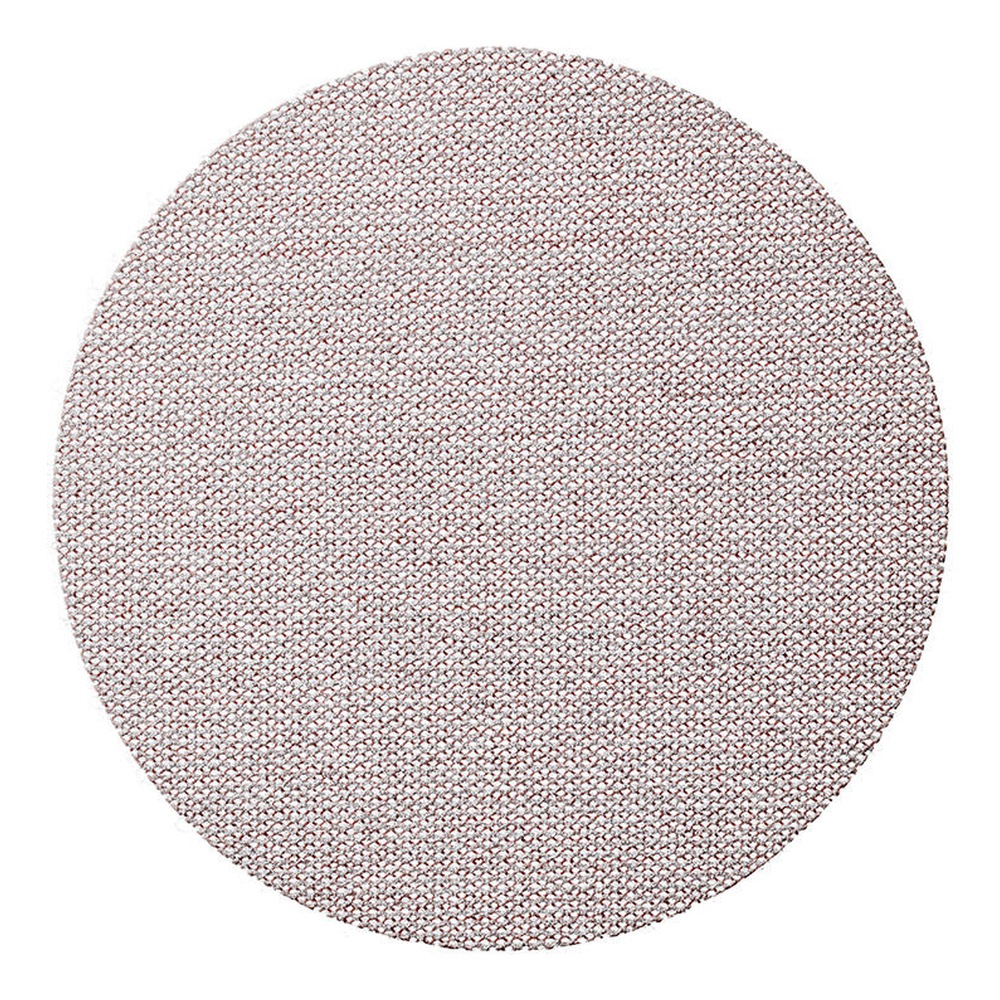 A round pink-brown mesh sanding disc on a white background