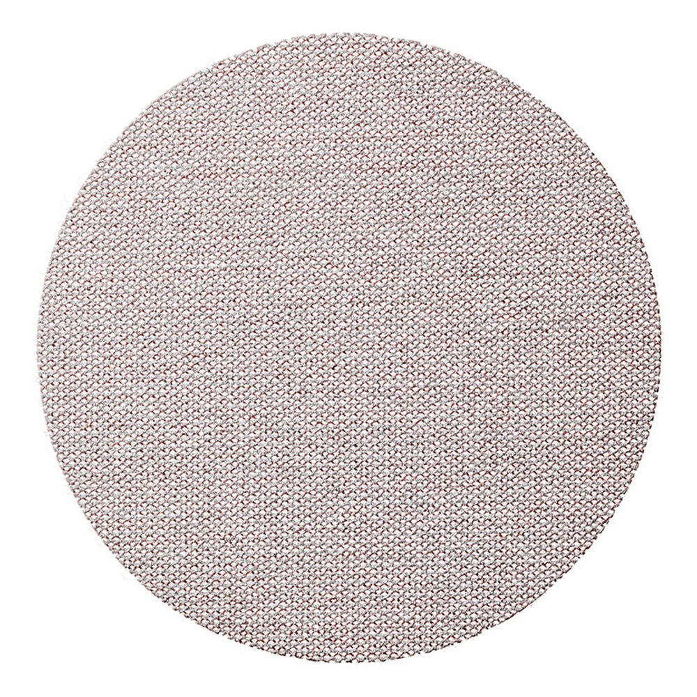 A round pink-brown mesh sanding disc on a white background