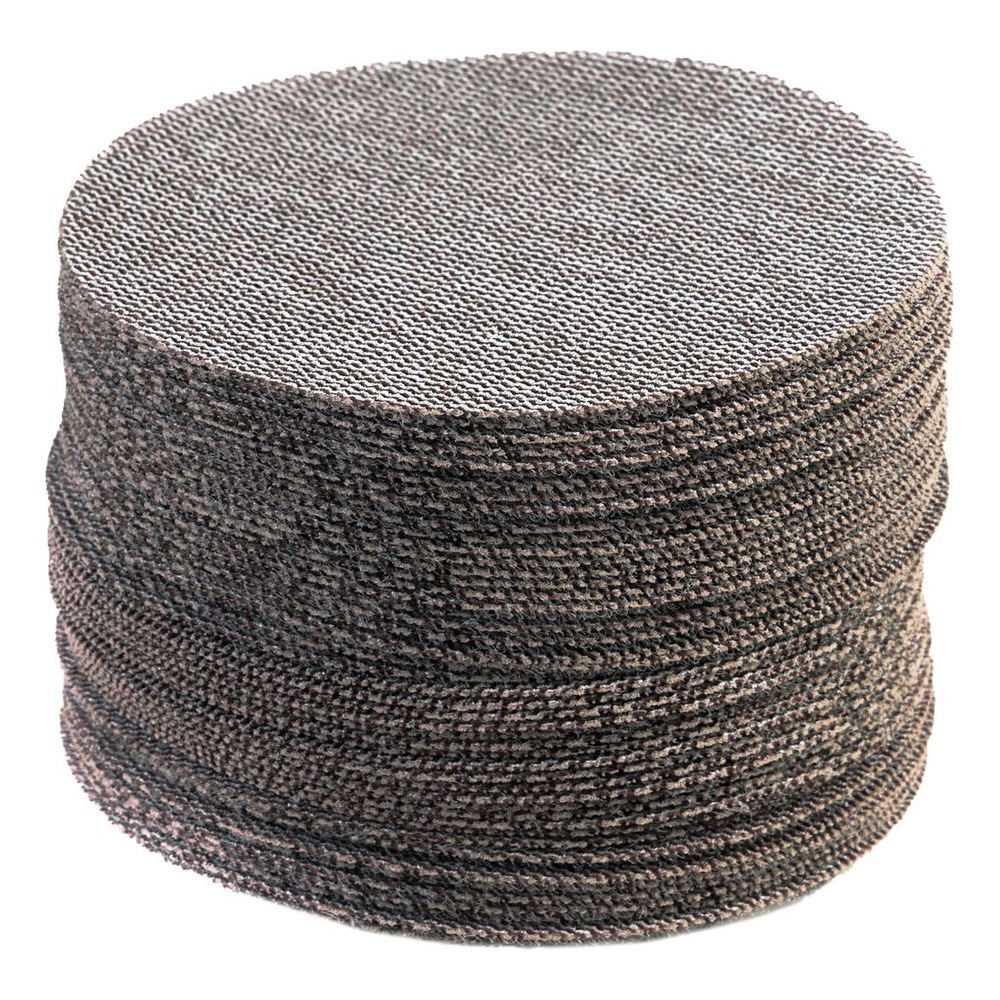 Stack of round brown-gray mesh discs, shown from the side and top on a white