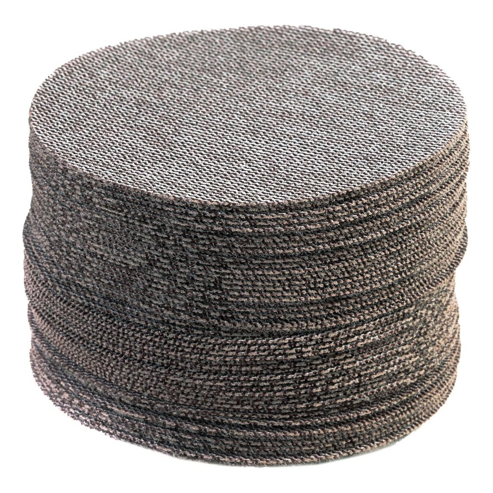 Stack of round brown-gray mesh discs, shown from the side and top on a white