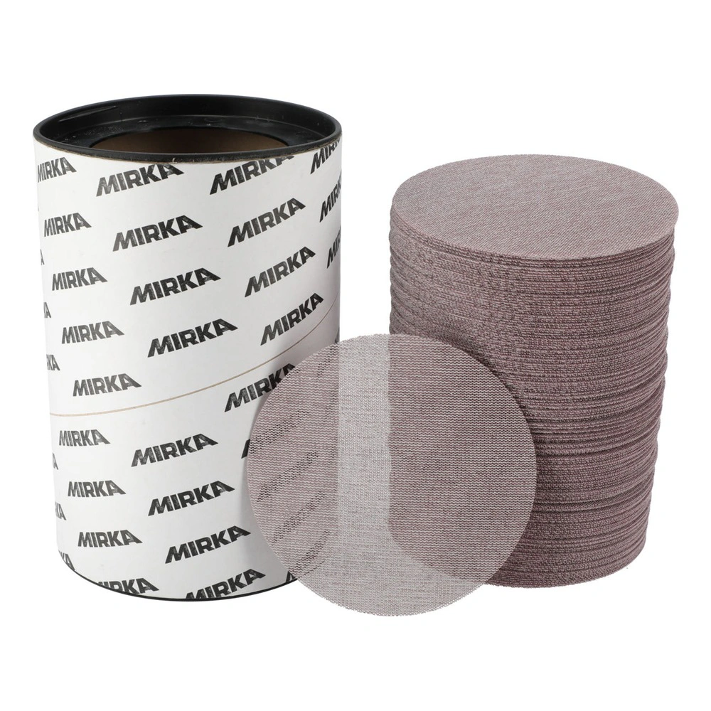 A branded cylindrical container beside a stack of round mesh discs, with one