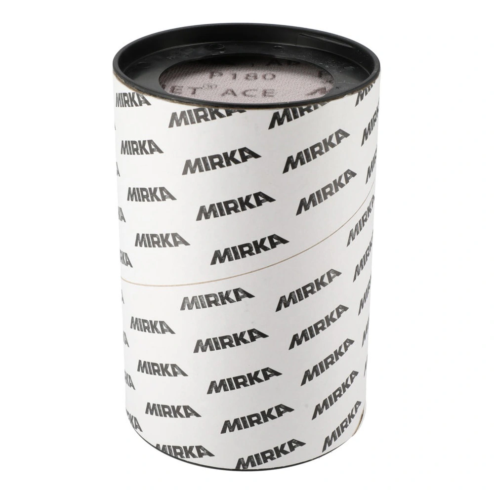 A white cylindrical abrasive cassette with black MIRKA print, seen