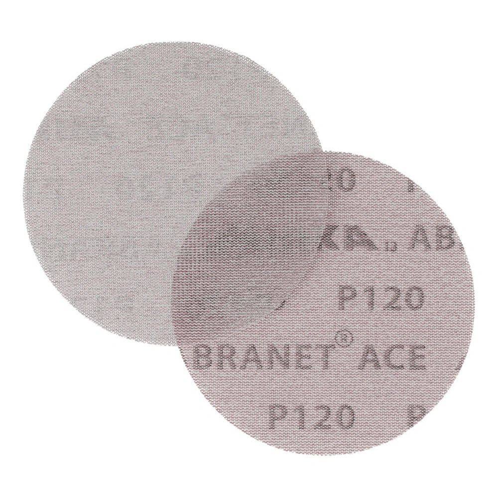 Two overlapping mesh abrasive discs on a white background, one lighter