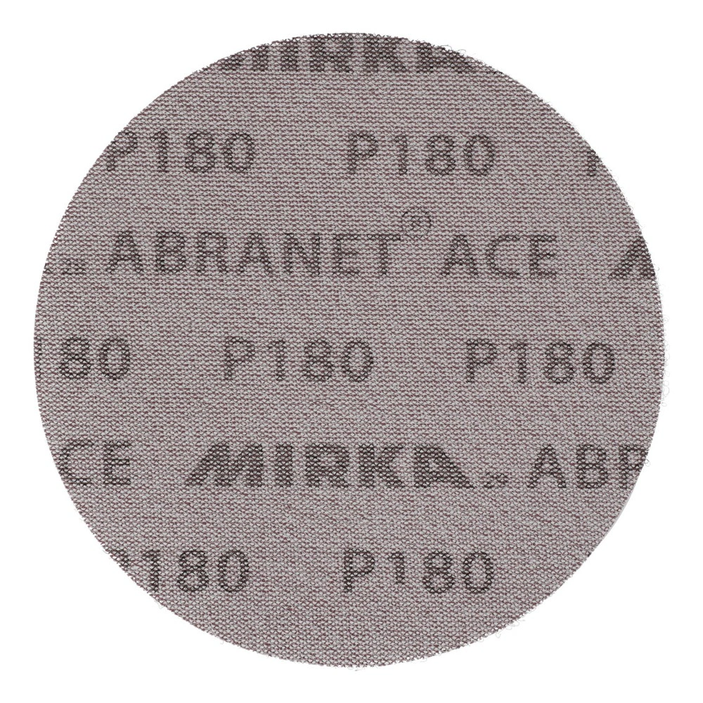 A round gray-brown mesh sanding disc in front view, with P180 and ABRANET
