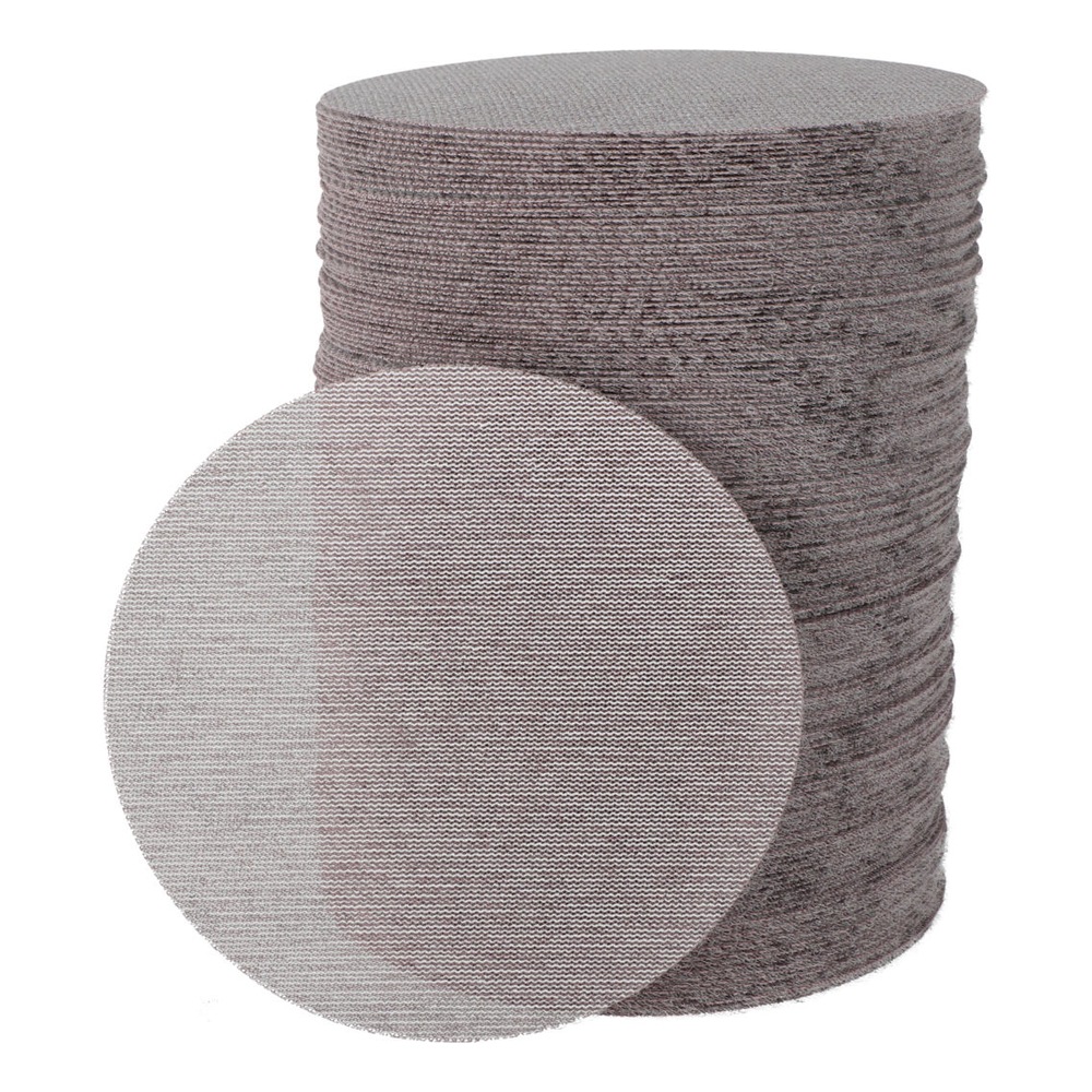 A stack of round mesh sanding discs, with a single disc shown partly