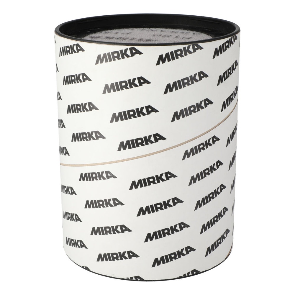 A white cylindrical box with repeated MIRKA printing, with a black top that