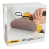 A white abrasive product box with an image of a hand holding a sander
