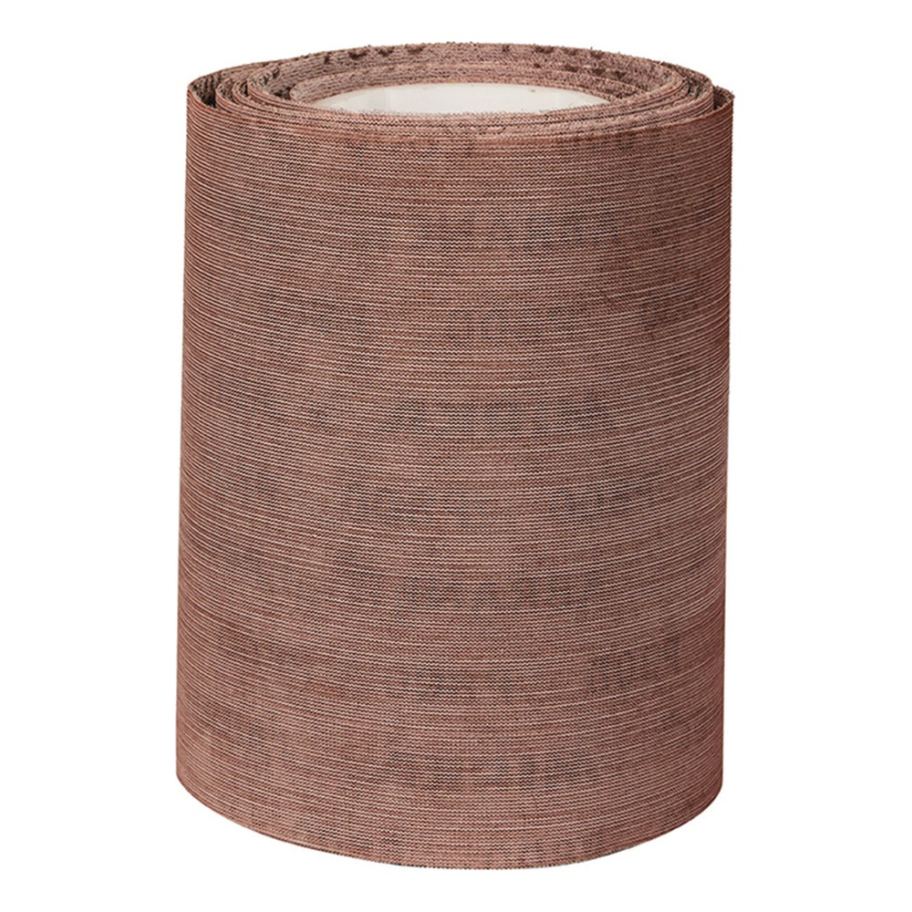 A brown sanding mesh roll wound around a white core, on a white background