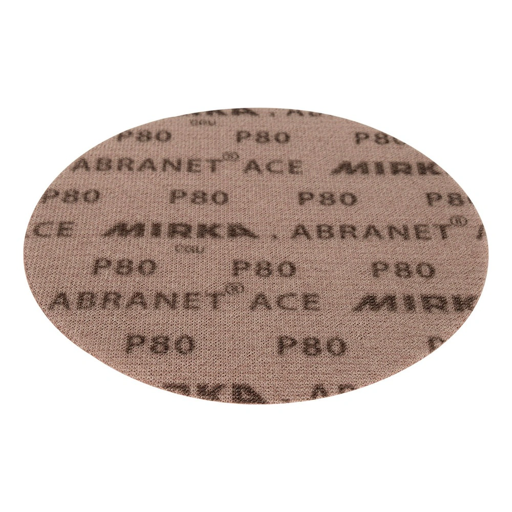 A brown sanding mesh disc viewed at an angle, with the printed text partly