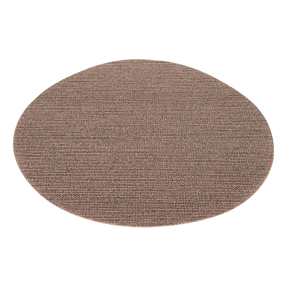 A brown sanding mesh disc shown at an angle, appearing elliptical on a white
