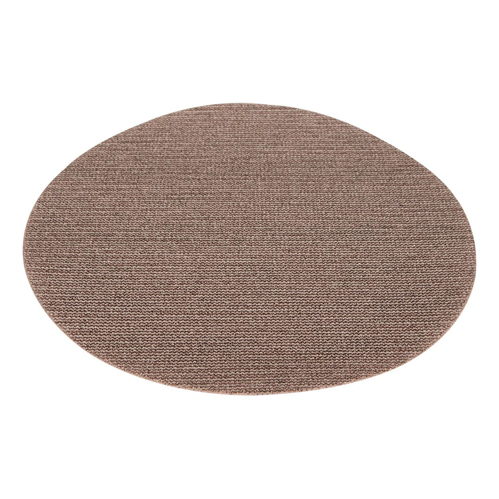 A brown sanding mesh disc shown at an angle, appearing elliptical on a white