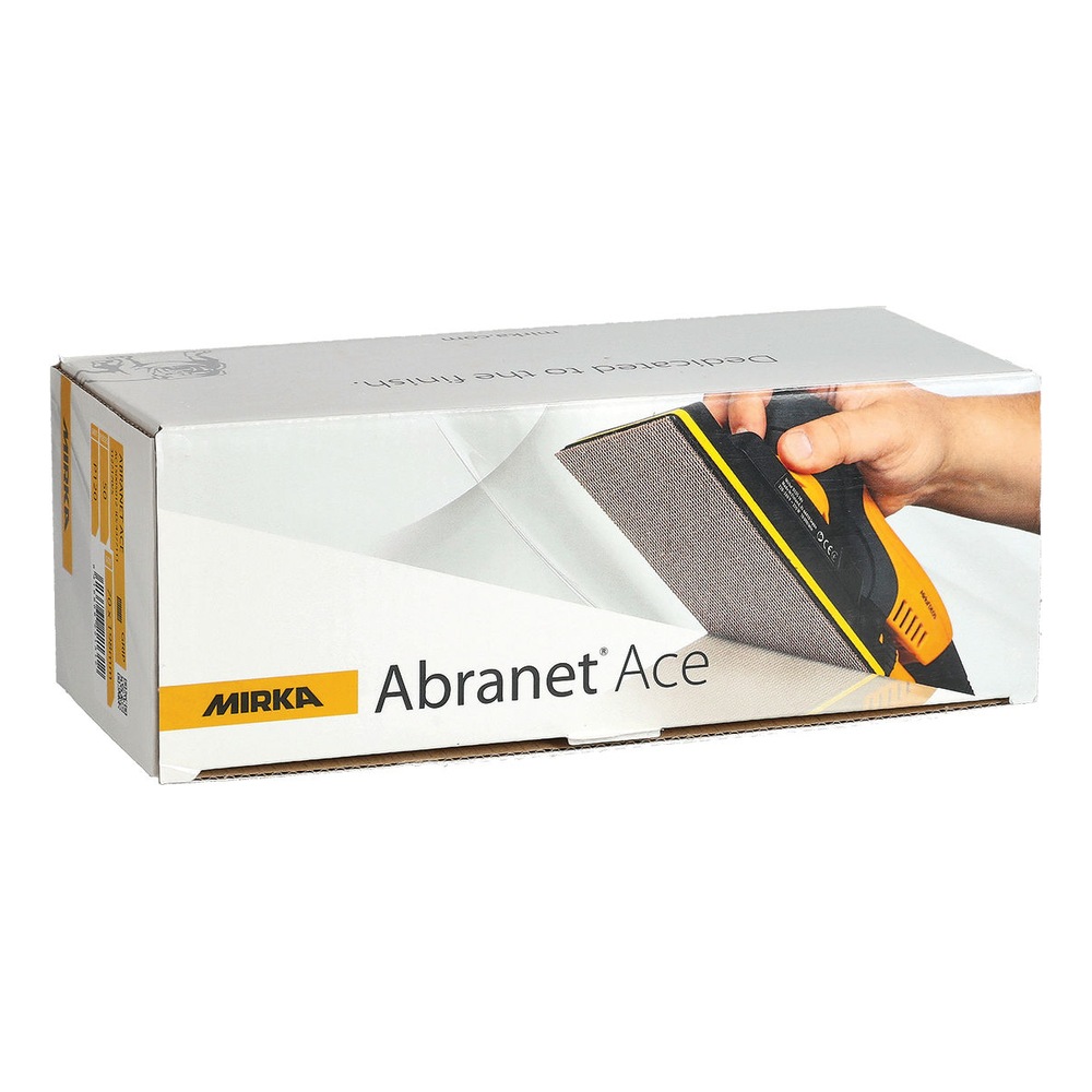 A Mirka Abranet Ace product box with an image of a hand holding a sander