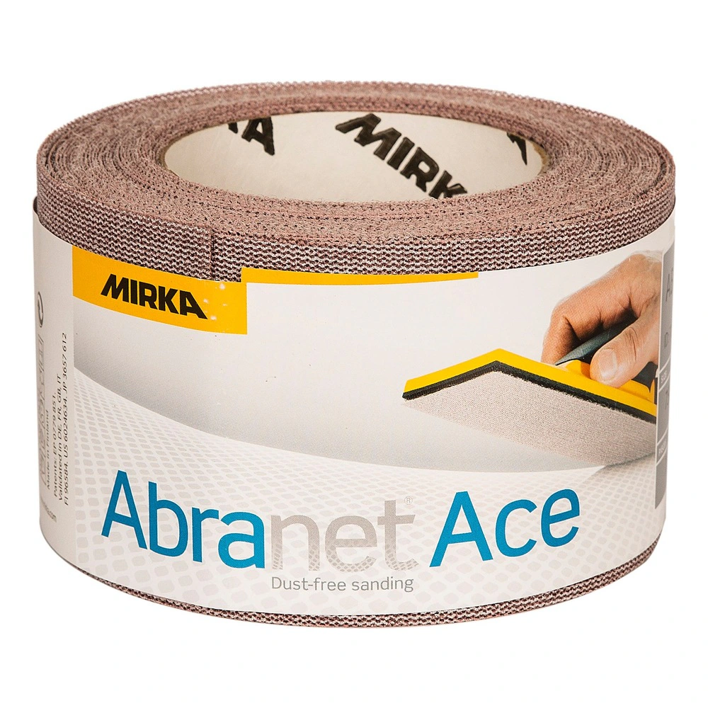 A roll of mesh sanding material packaged in a cardboard sleeve, with MIRKA