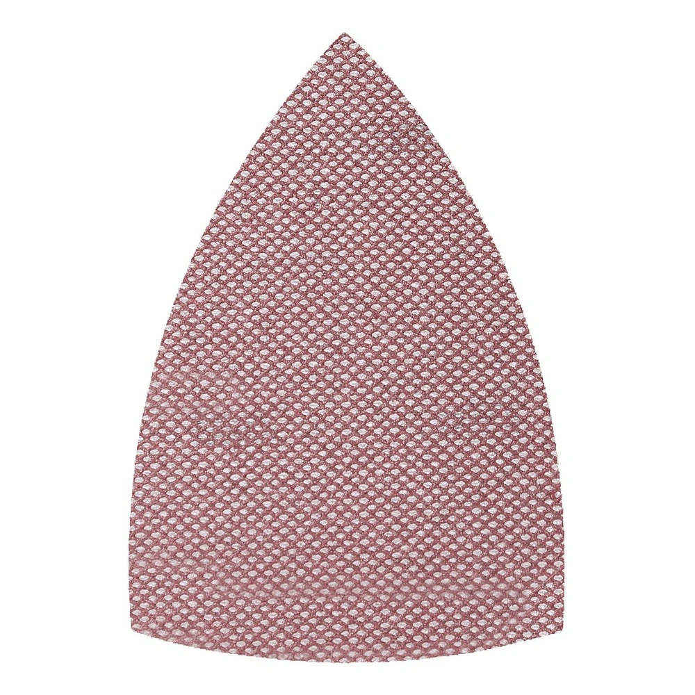 A triangular mesh sanding sheet in a reddish-pink color on a white