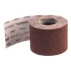 A brown-pink mesh sanding roll with a sheet unfurled behind it, on a white
