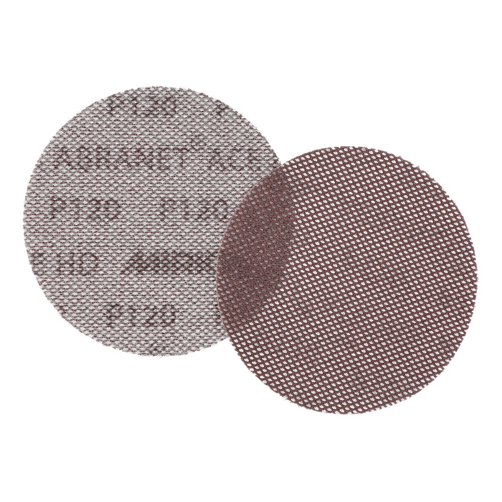 Two overlapping mesh sanding discs on a white background, one lighter