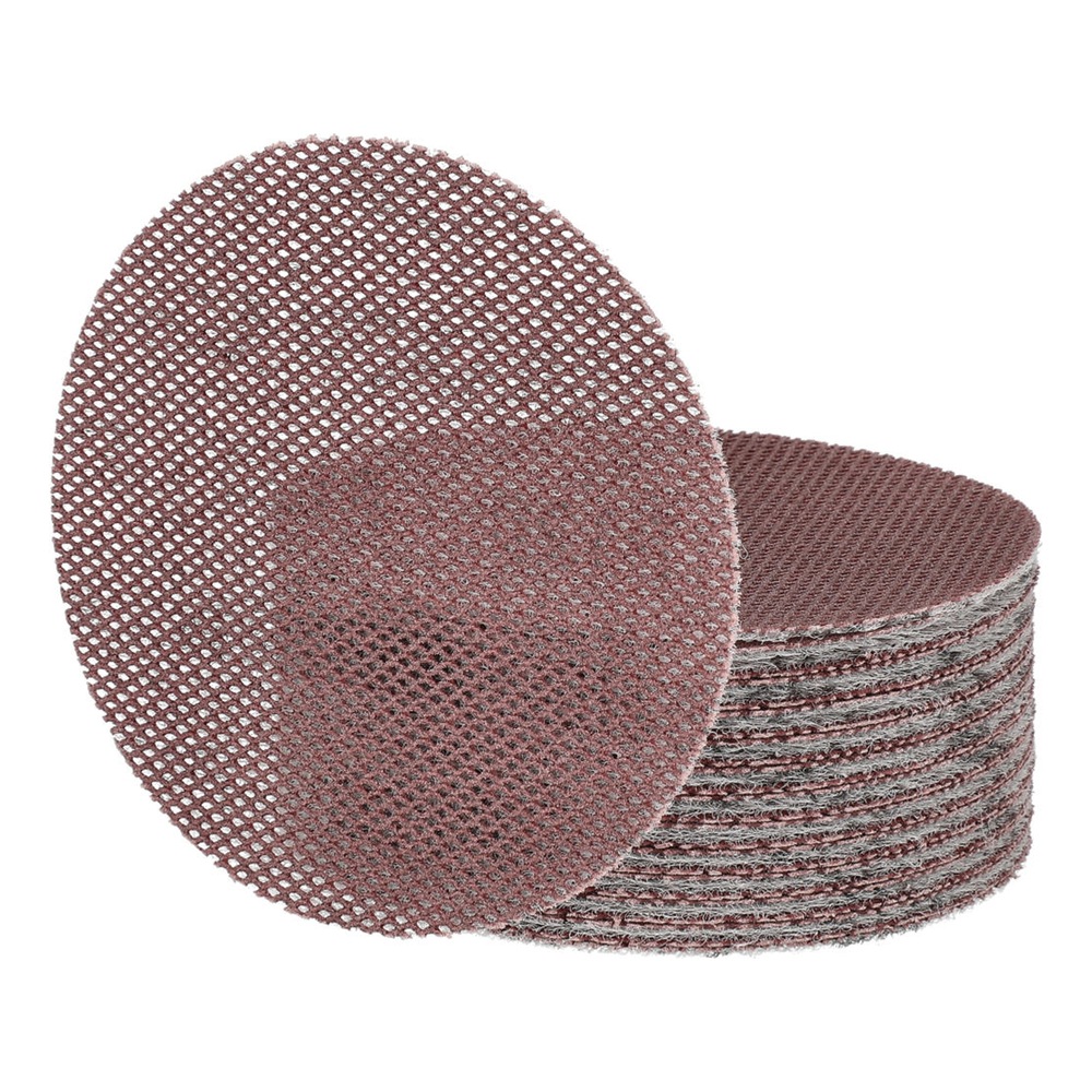 A stacked pile of brownish-red mesh sanding discs with one disc shown