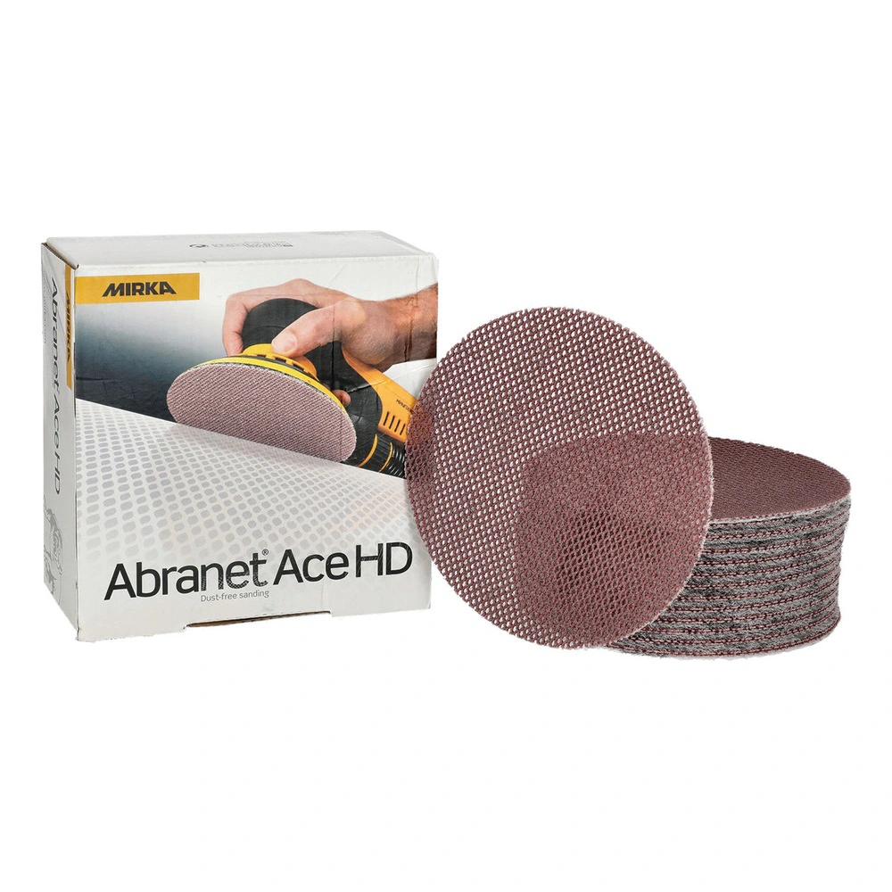 A cardboard box package for mesh sanding discs shown beside a stack of loose