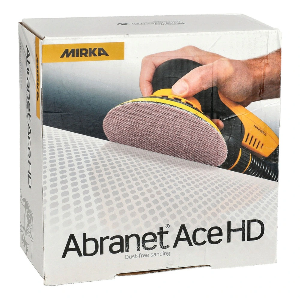 A white product box with a use photo of a hand sander, shown next to a stack
