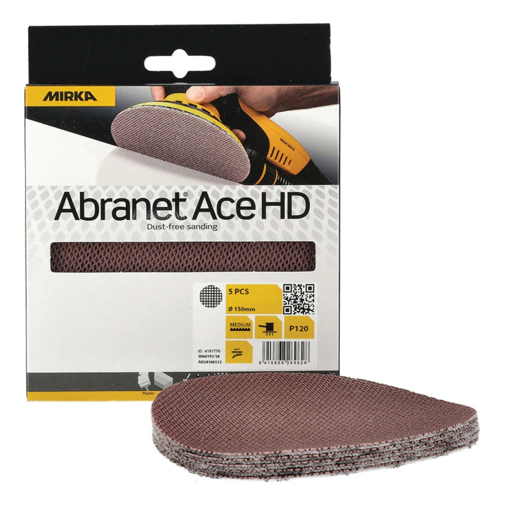 A black-and-white hanging package for mesh sanding discs, with a stack