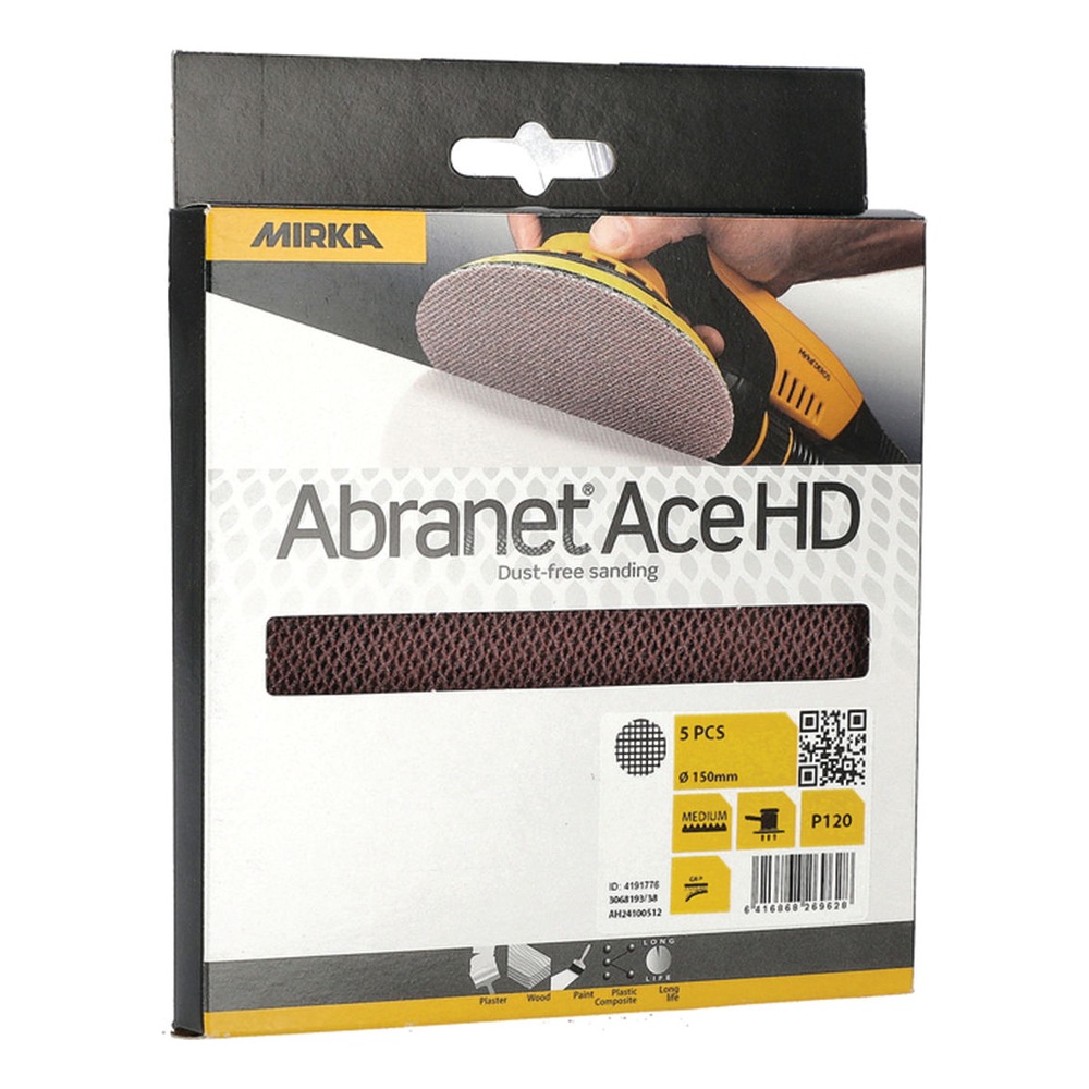 Package photo with Mirka branding and a viewing window showing a round mesh