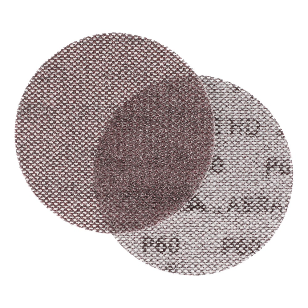Two overlapping mesh sanding discs on a white background, one darker and one
