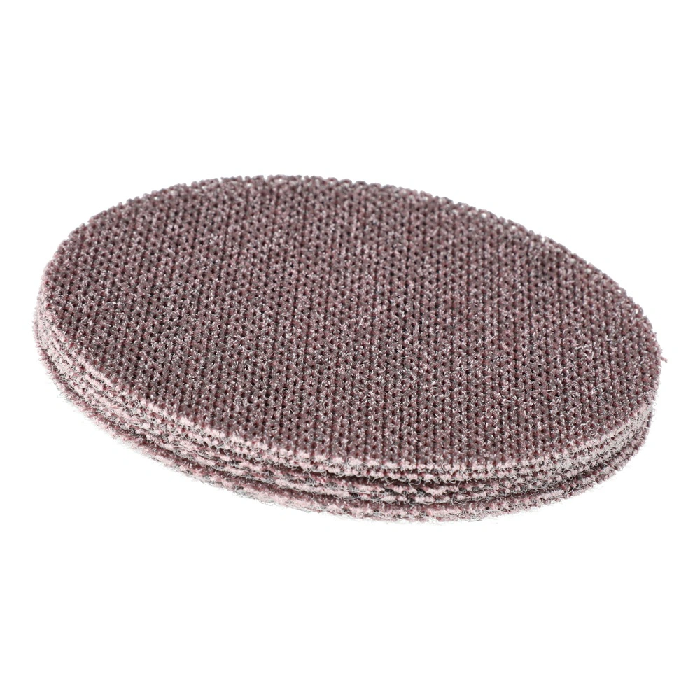 Stack of several mesh sanding discs in an oval angled view on a white