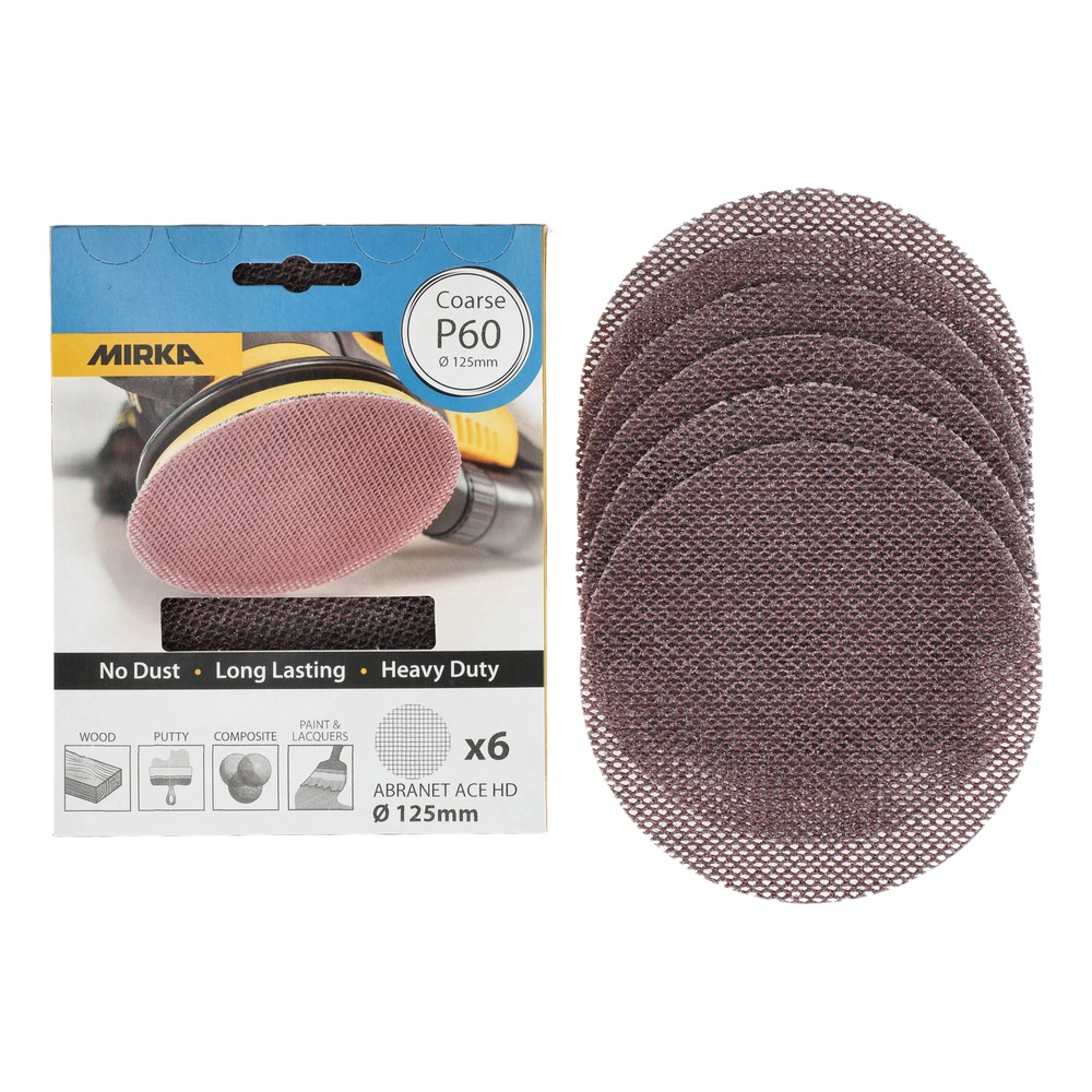 Image of a box package for a round mesh sanding disc set next to several