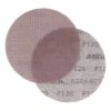 Two overlapping round mesh sanding discs in a reddish-brown color on a white