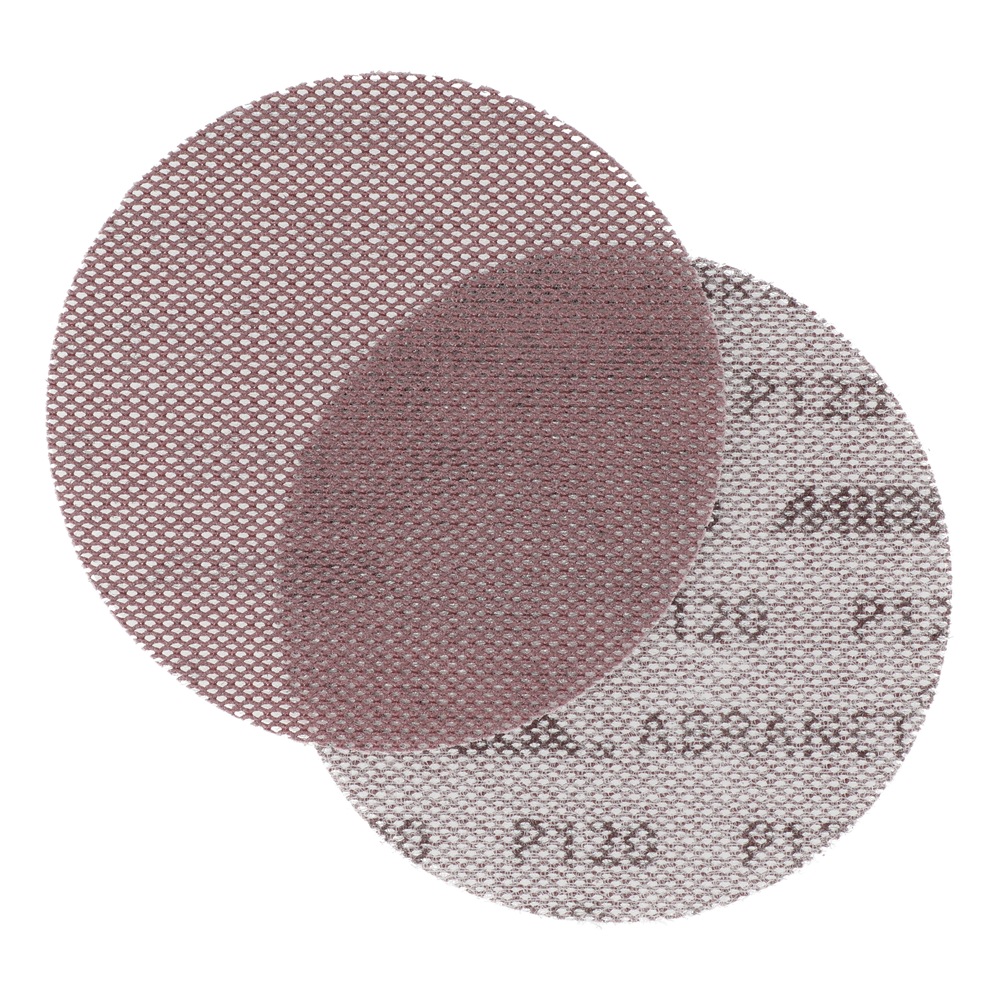 Two overlapping round mesh sanding discs in a reddish-brown color on a white