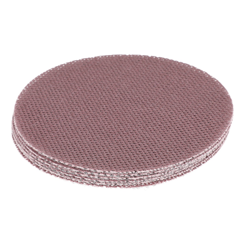 A stack of round reddish-brown mesh sanding discs, shown at an angled view