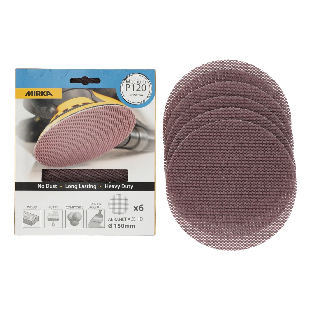 A cardboard package on the left beside a stack of round mesh sanding discs