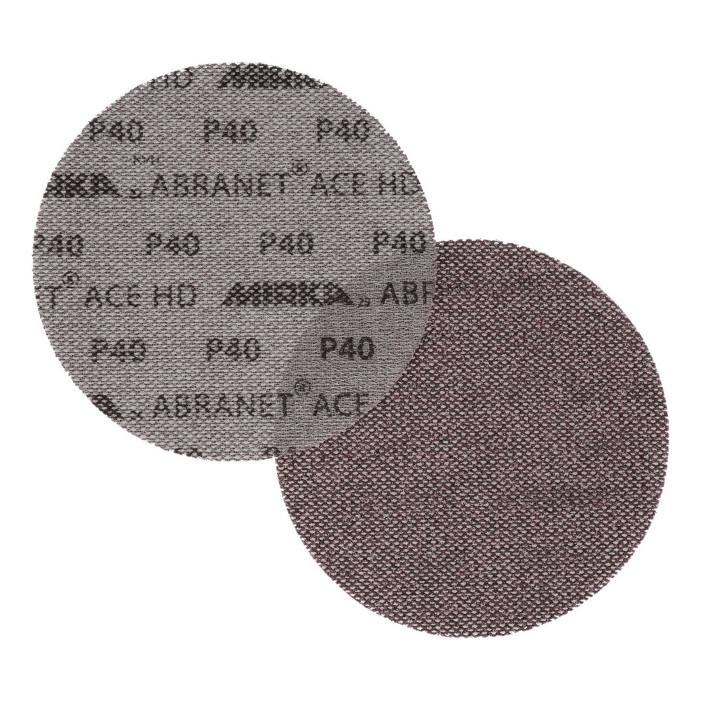 Two round mesh sanding discs in gray-brown on a white background