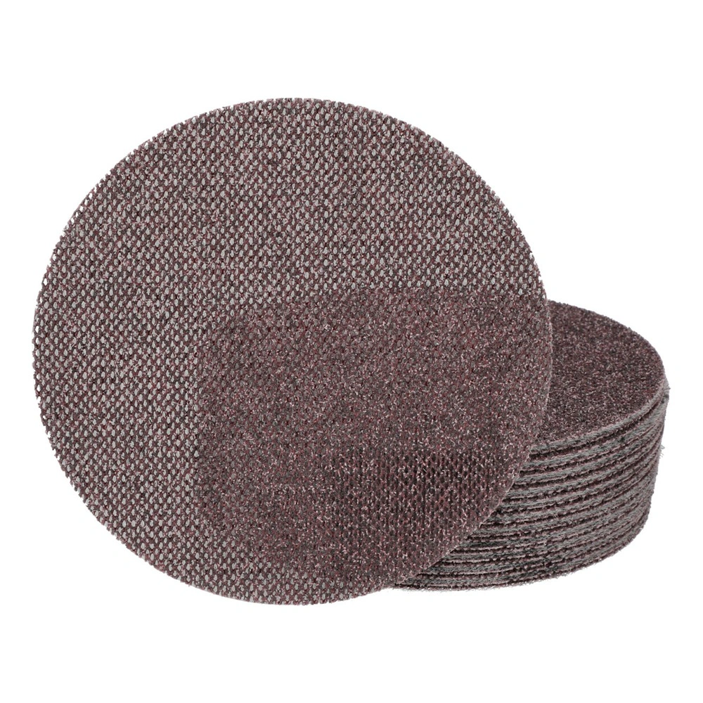 A round brown-red mesh sanding disc shown in front of a stack of similar