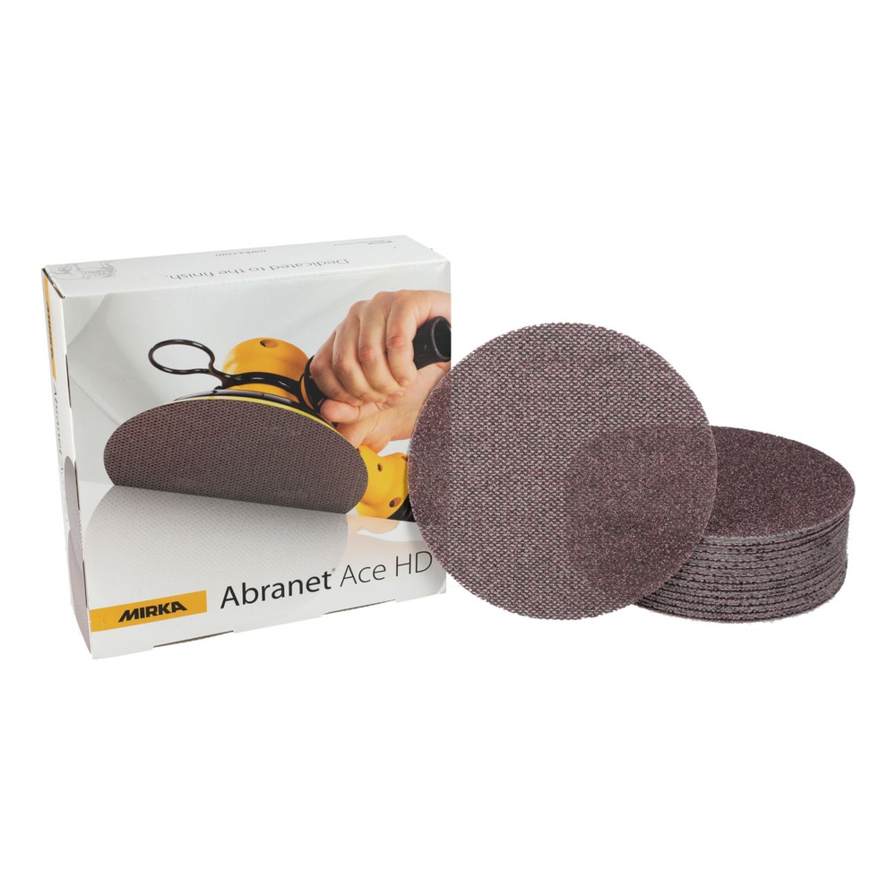 A product box with a usage photo and round mesh sanding discs beside a stack