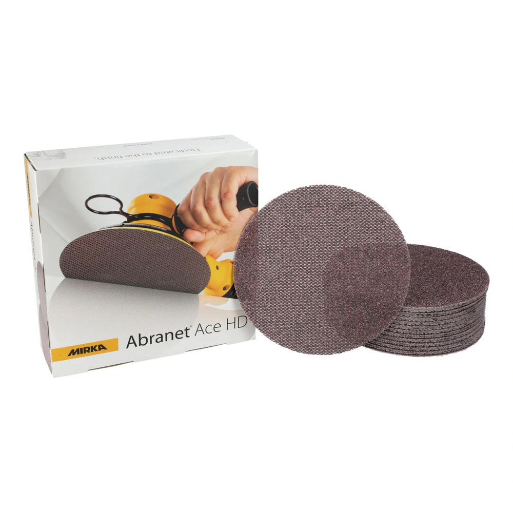 A product box with a usage photo and round mesh sanding discs beside a stack