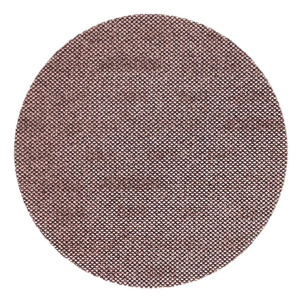 A round reddish-brown mesh sanding disc on a white background