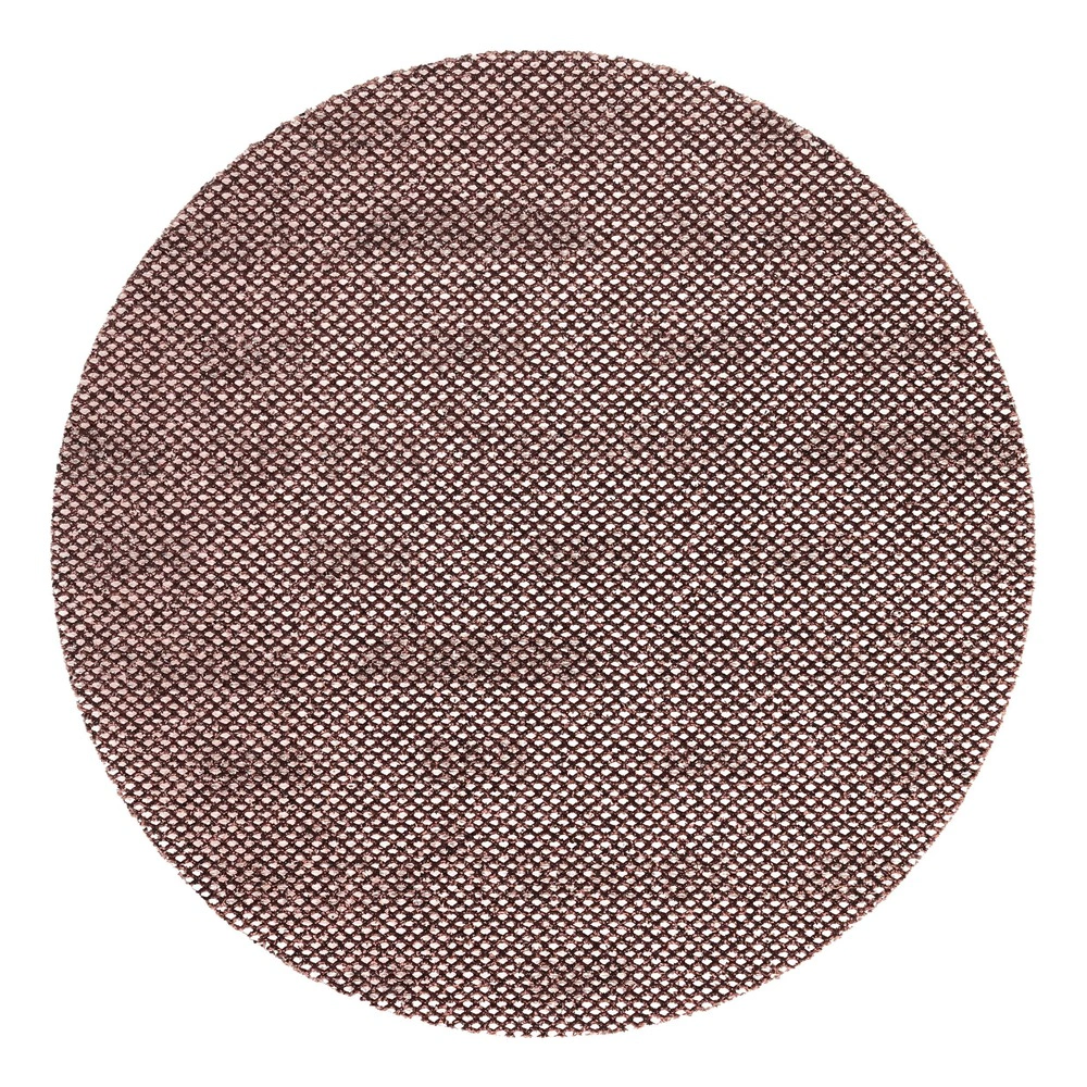 A round reddish-brown mesh sanding disc on a white background