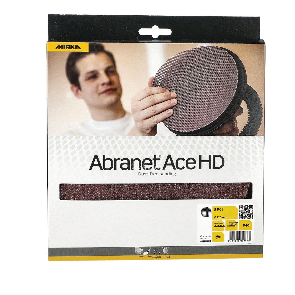 A cardboard package of mesh sanding discs shown front-on, with a display