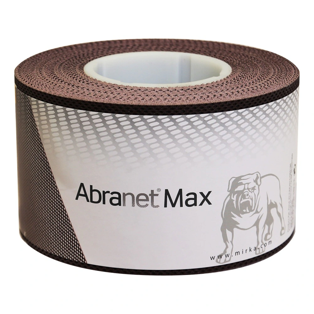 A dark brown mesh sanding roll with a white label, printed with Abranet Max