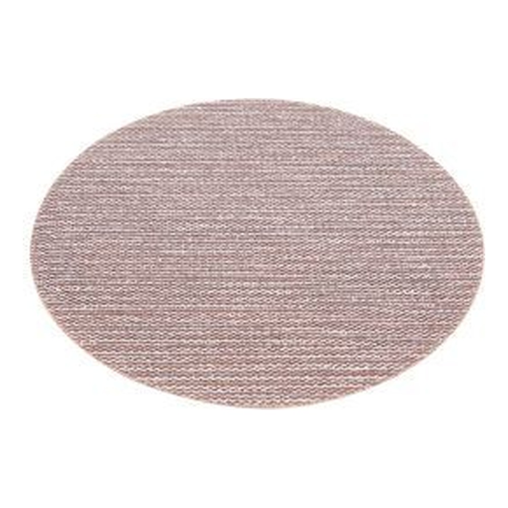 A round pinkish-gray mesh sanding disc shown from the front on a white