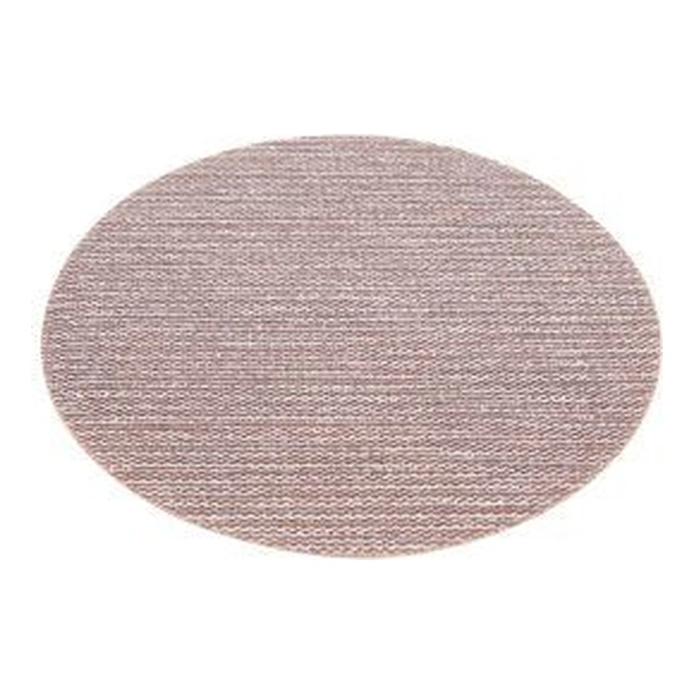 A round pinkish-gray mesh sanding disc shown from the front on a white