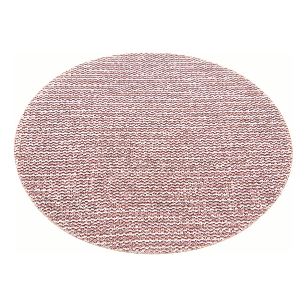 A round pinkish-brown sanding disc with a dense mesh texture shown