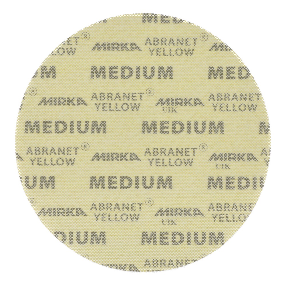 Round yellow sanding disc with repeating gray printed text on a white
