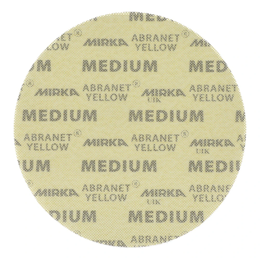 Round yellow sanding disc with repeating gray printed text on a white